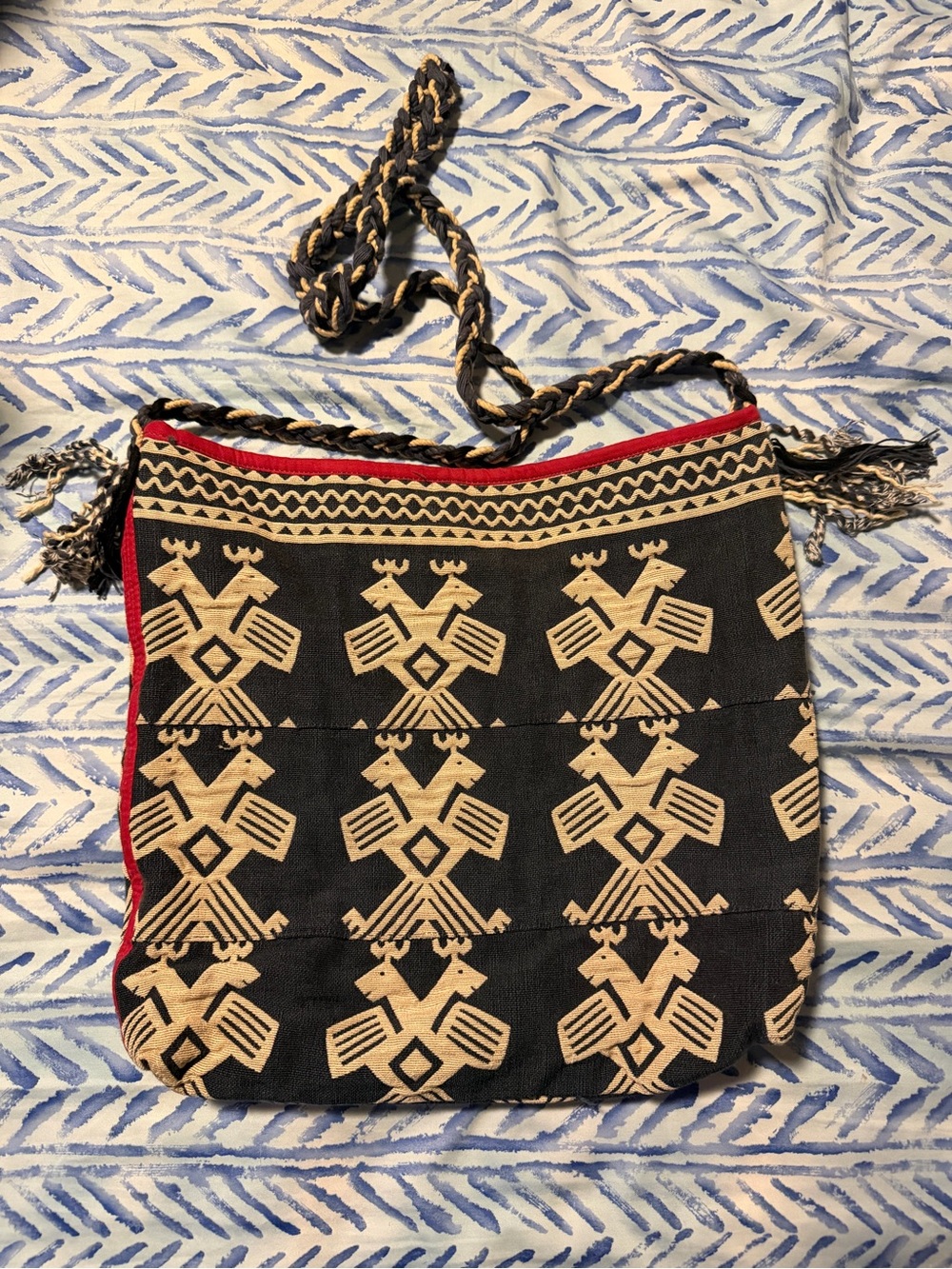 Anthropologie Handcrafted Black & Cream Tribal-Pattern Crossbody Bag